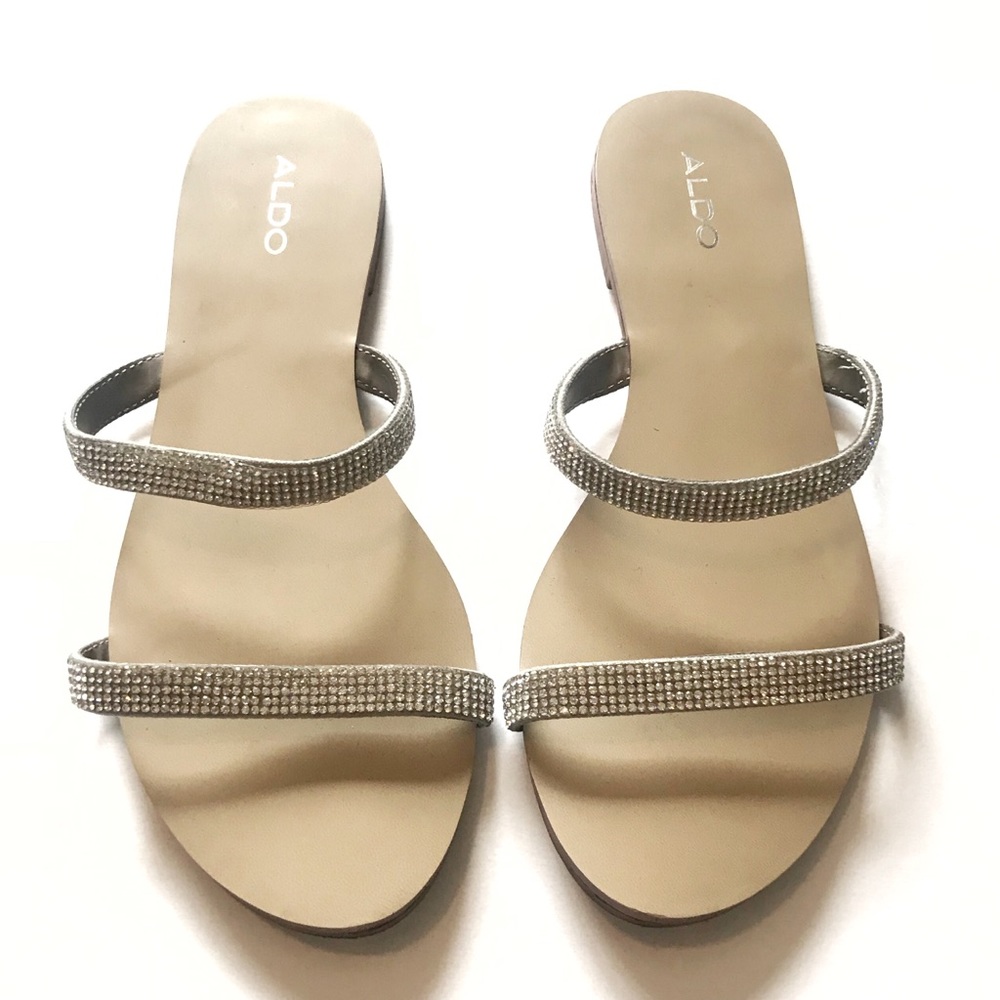 Aldo Silver Rhinestone Double Strap Sandals Flat 6